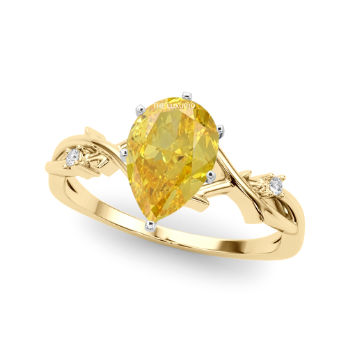 Yellow Diamond Rings 1.12 Ct IGI Lab Grown Pear Cut Fancy Intense 14K Multi Gold - Picture 2 of 9