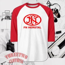 FN Herstal Firearms Guns Men's Raglan White Red Size S to 2XL