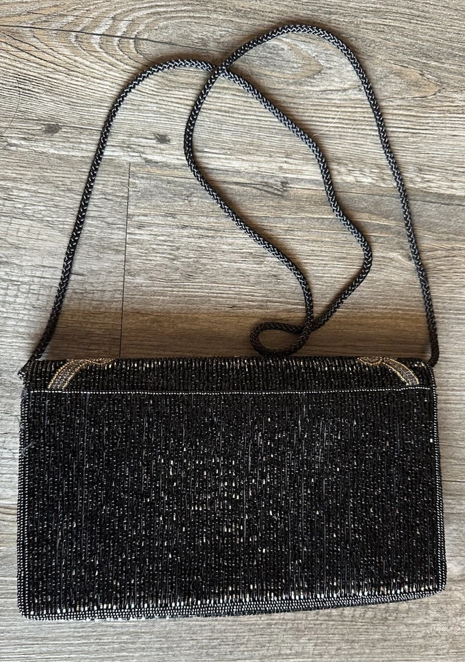 复古 Robinson 黑色串珠晚装手包钱包星星花卉设计 — 第 4/4 张图片