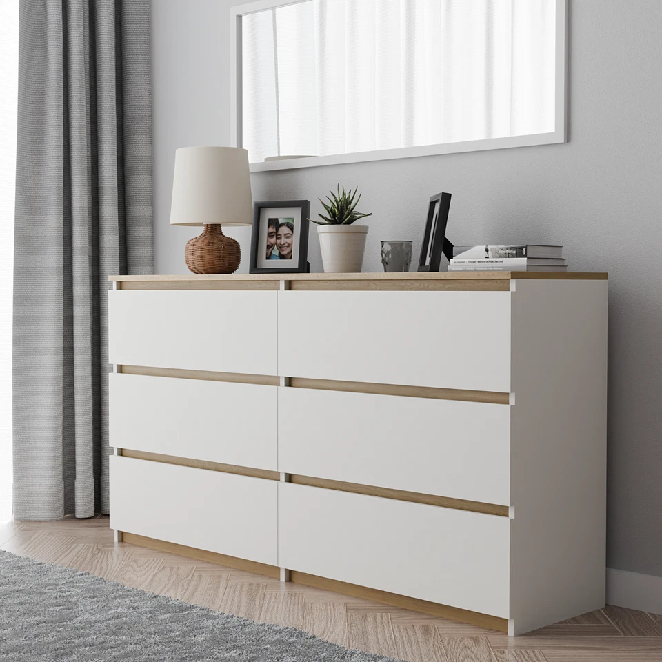 Kommode Schubladenschrank 119x77x34 cm, weiß Eiche Torro, 6 Schubladen, modern - Bild 2 von 4