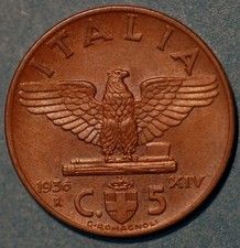 1936 Italy 5 Centesimi Vittorio Emanuele III KM# 59
