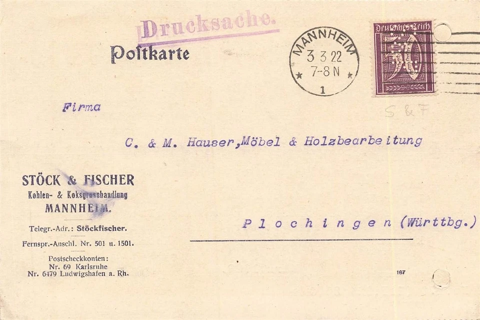 108554) DR Blg mit Perfin / Firmenlochung S&F aus Mannheim, Stöck & Fischer - Bild 1 von 1