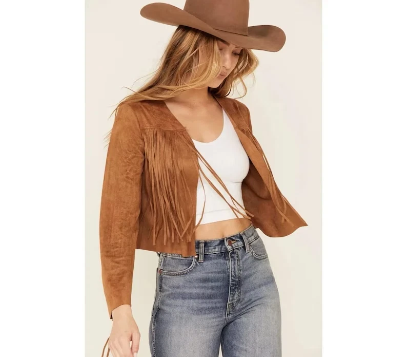 Women’s Western Suede Leather Cowgirl Jacket – Long Fringe Boho Rodeo Style Coat