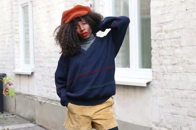 Vintage Strickpullover Blau V-Ausschnitt Oversized Navy Pulli Retro Streifen - Bild 1 von 4
