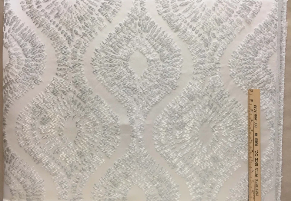Fabric Embossed Polished Antiqued Satin Ivory White Gray Raised Pattern 35" DIY - Image 2 of 3