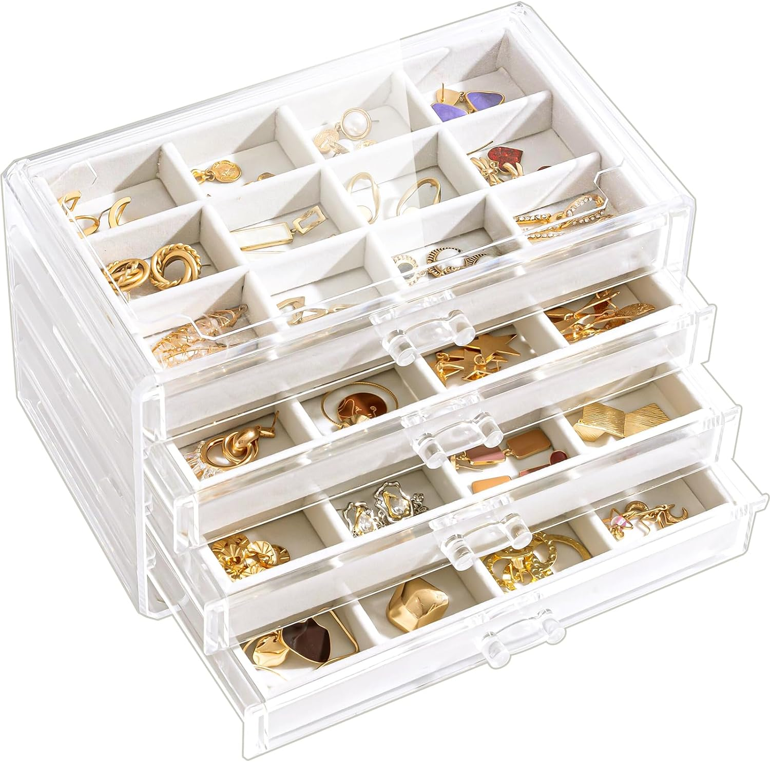 Clear Acrylic Stackable Earring Organizer Box with 4 Drawers for Jewelry Storage