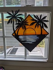 METAL OVERLAY STAINED GLASS SUNSET SCENE SUN CATCHER
