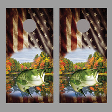 Aged American Flag Jumping Bass Fish Design C Cornhole Board Decal Wraps