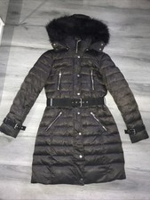 Ladies Size S Uk 8 Brown Zara Belted Down Feather Coat Parka Jacket Faux Fur Hoo