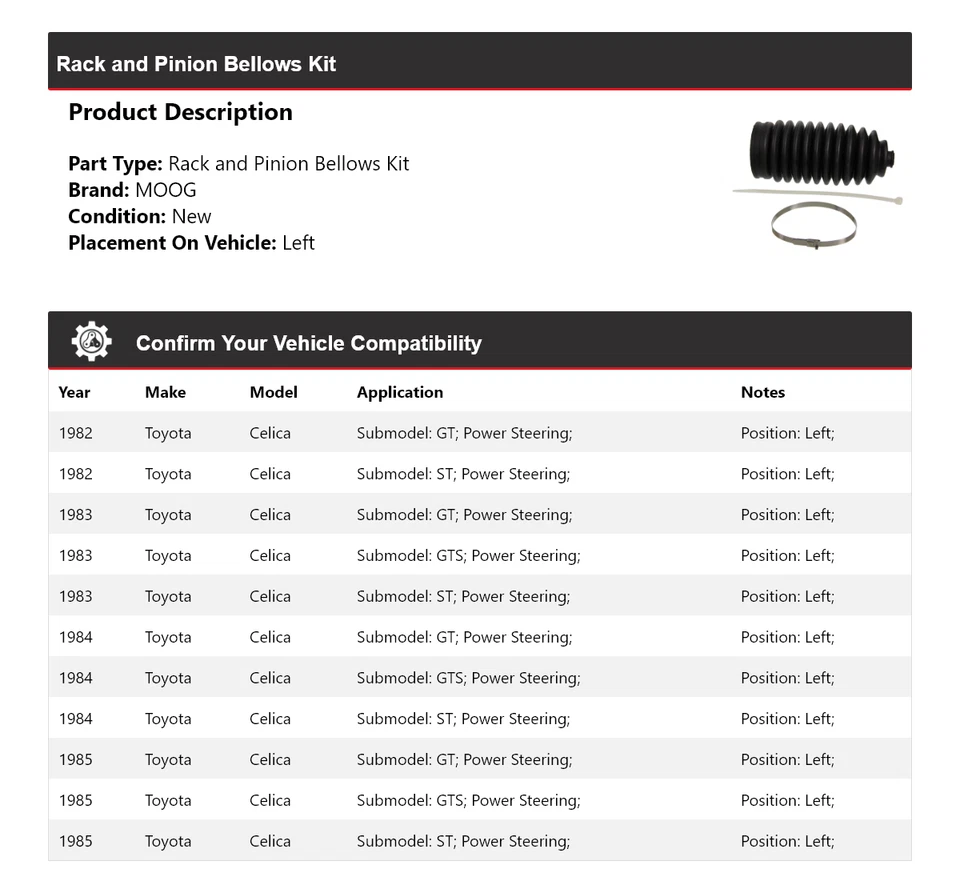 Kit de fuelle de piñón y cremallera izquierda para Toyota Celica 1982-1985 MOOG 1982 1983 1984 Foto 2 de 4