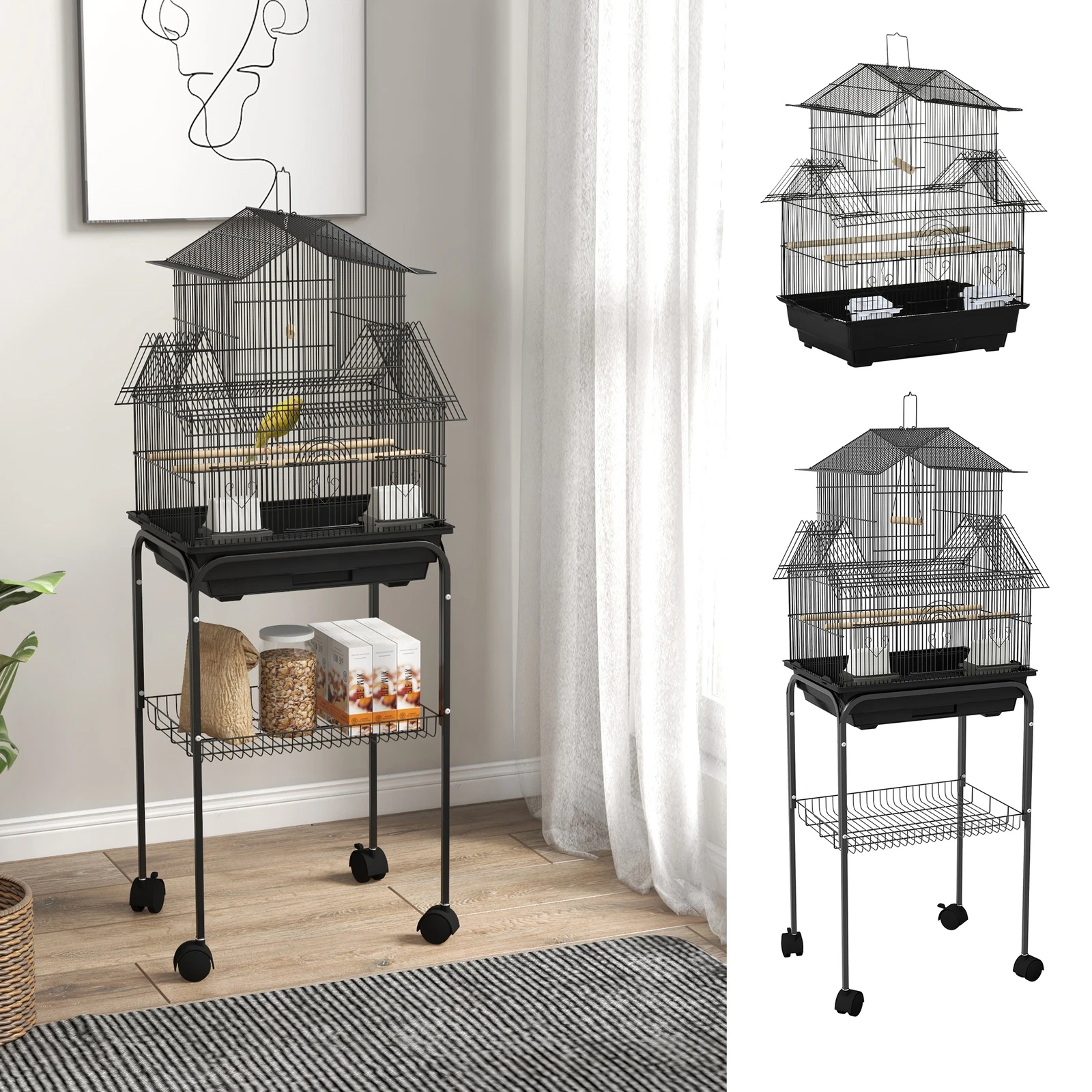 Metal Bird Cage w/ Plastic Perch Food Container Handle 50.5 x 40 x 63cm Black