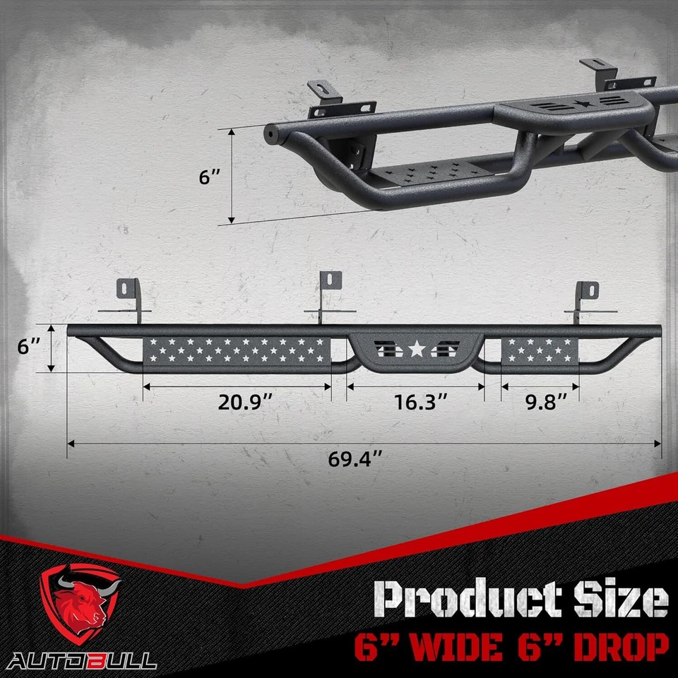 6" Drop Running Boards for 2007-2018 Jeep Wrangler JK 4 Door Side Step Nerf Bars - Image 3 of 4