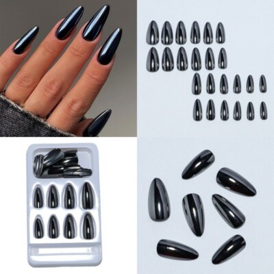 24pcs Metallic Almond Press on Nails Medium Mirror Effect False Nail