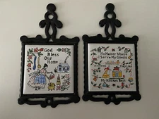 2 Vtg Cast Iron Ceramic Tile Kitchen Trivet Decor God Bless No Matter Where READ