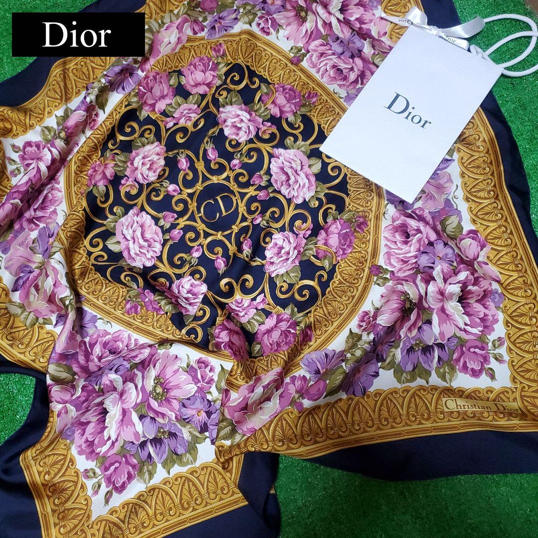 Christiandior*スカーフ Christian Dior scarf 85cm 33″ square silk flower navy | eBay