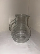 Italian Glass Clear Ribbed Lemonade Pitcher Applied Handle 8.5” Mint Condition