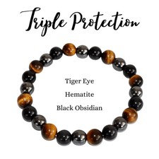 Triple Protection Stretch Bracelet Healing Tiger Eye Black Obsidian Hematite Gif