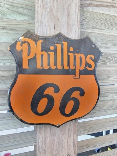VINTAGE 1950'S PHILLIPS 66 MOTOR OIL PORCELAIN GAS STATION SIGN 11"×12"