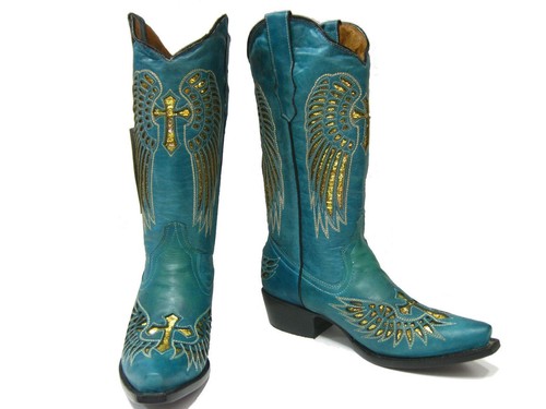Botas occidentales para mujer de cuero turquesa lentejuelas doradas alas cruzadas talla 4,5 - Imagen 4 de 5