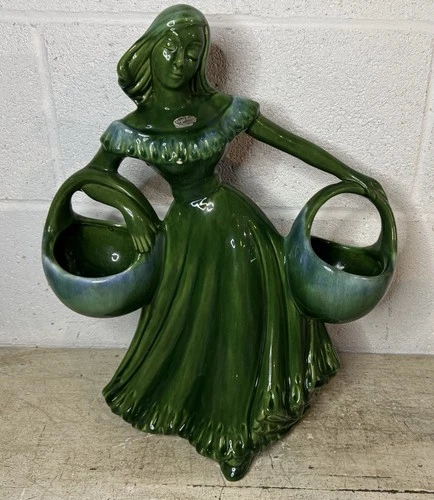 Vintage Royal Haeger Dark Green Gypsy Woman  Maiden w/Baskets Planter Chip