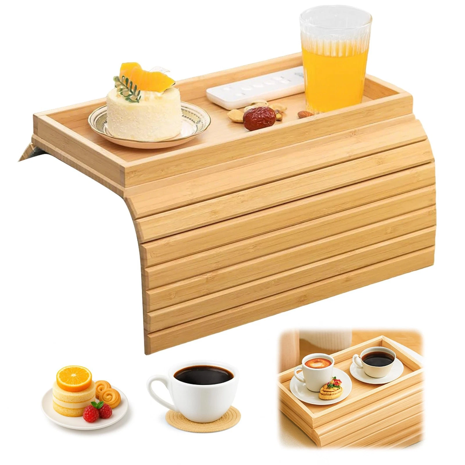 Wooden Sofa Arm Tray Table: TVOOD Foldable Armrest Anti-Slip Brown