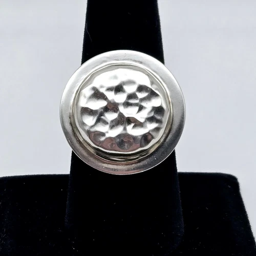 Vintage Hammered Sterling Silver Modernist Disc Ring Size 8 Adjustable - 9.0g