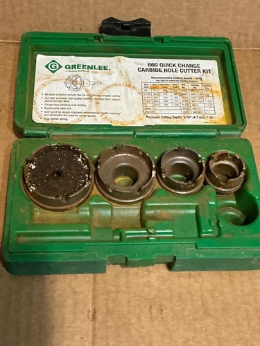 Used (3) Greenlee 660 Quick Change Carbide Hole Cutter & Box 1.75”, 1&3/8”, 1&1/