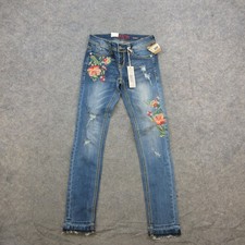 Grace in LA Jeans Women's Blue Wash Size 24 Floral Embroidered Distressed Skinny