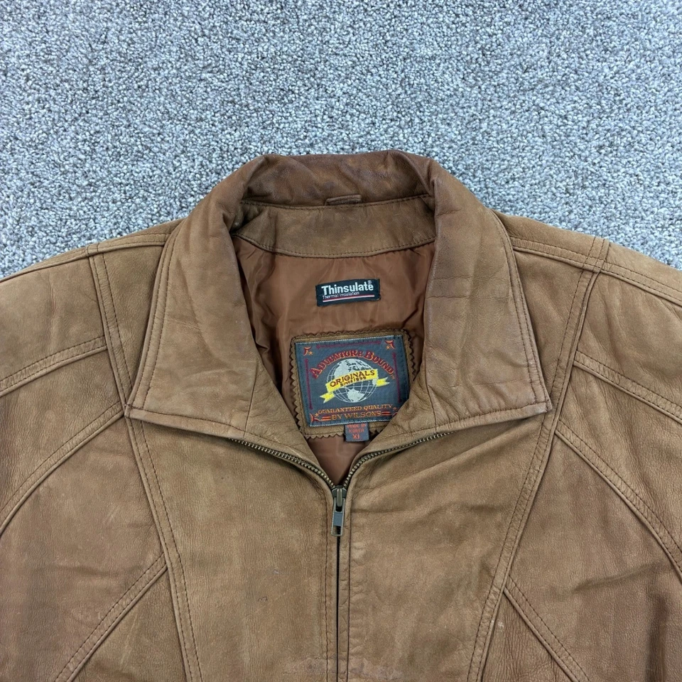 Chaqueta de bombardero de cuero vintage Adventure Bound para hombre XL marrón Wilson cremallera aviador Foto 2 de 4