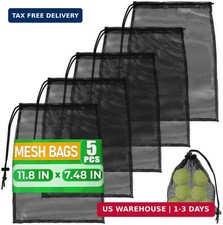 5Pcs Small Mesh Bags Drawstring Black Nylon - 11.8x7.48" Secure Cinch-Top, Mesh