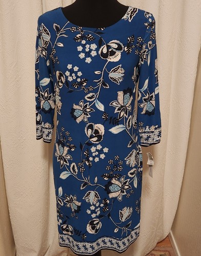 Sandra Darren Women's Petite S Dark Teal Floral 3/4 Sleeve Sheath Dress NEW
