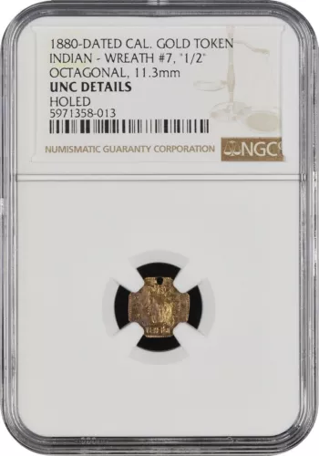 CRUDE & UNIQUE 1880 CALIFORNIA GOLD INDIAN, 1/2 OCT, NGC UNC, POP 1!