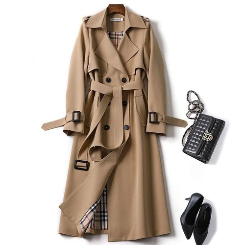 Women's Double Breasted Long Trench Coat Windproof Classic Lapel Belted Overcoat - Picture 2 of 25