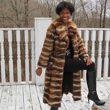 Designer Full Length White & Brown Skunk, American Sable Fur Coat Jacket Xs O-2