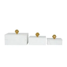Litton Lane Rectangle Marble Box Gold Finial Elegant Decorative Storage 3-Set