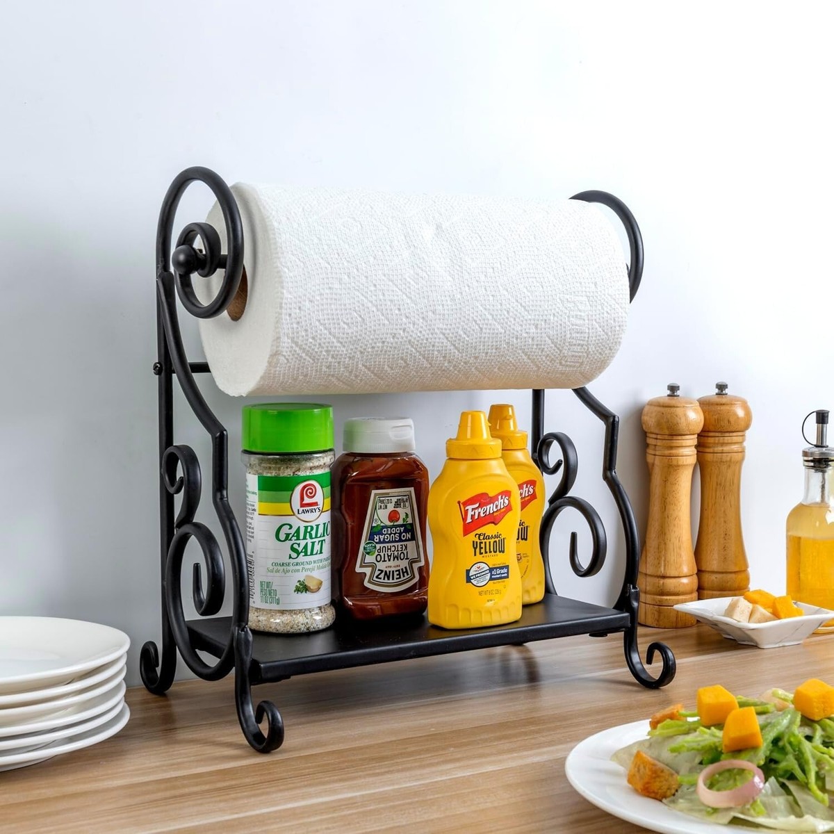 Black Metal Kitchen Scrollwork Design Paper Towel Holder Bar with