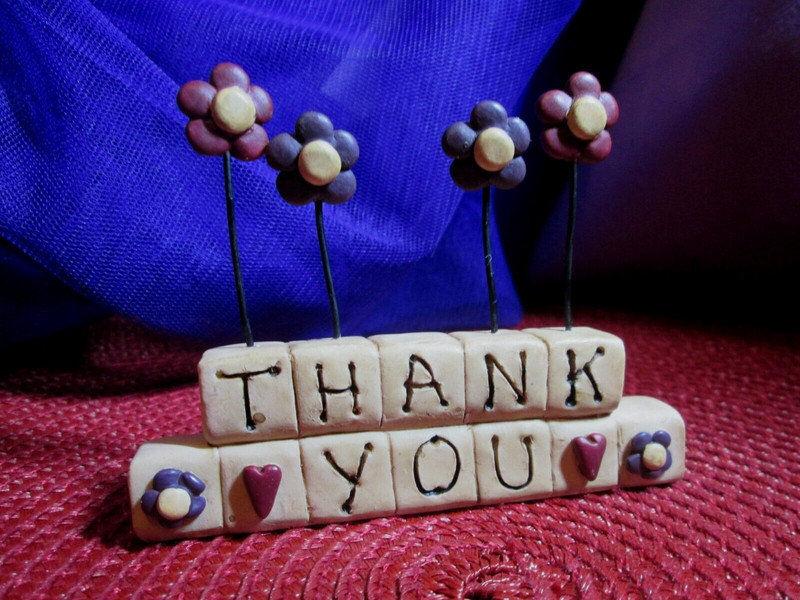 Blossom Bucket 2003 Suzi Skoglund "Thank you" w/Flowers Block Sign Figurine