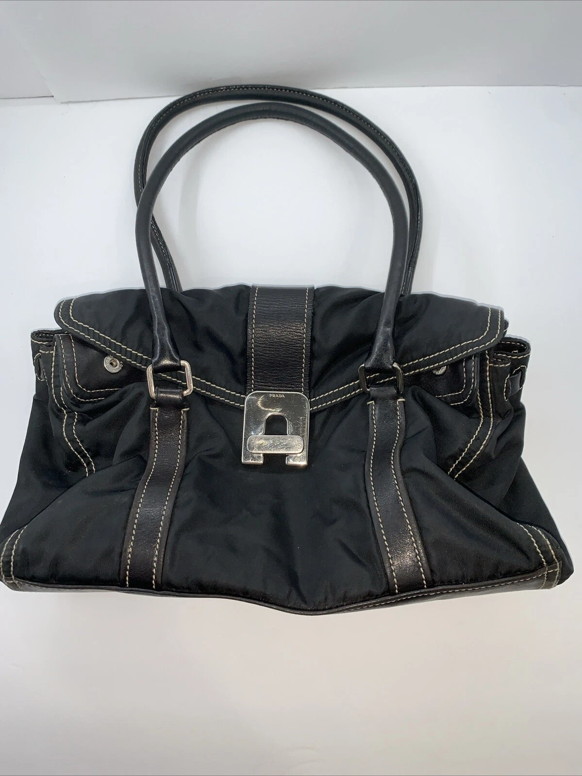 AUTENTICA BORSA PRADA NYLON PELLE TESSUTO TWIST LOCK VINTAGE TRACOLLA NERA