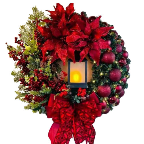 Christmas Jesus Wreath W/led Lantern 30cm Artificial Garland Door Wall Decor