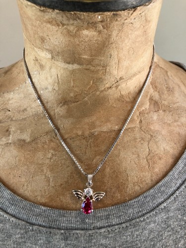 Necklace Angel with Ruby Birthstone Serling Silver VTG 16" Chain Spring Ring - Picture 2 of 11