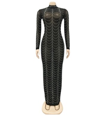 Women Long Sleeve Sheer Mesh Dimonds Bodycon Party Night Sexy Fashion Dress #P2