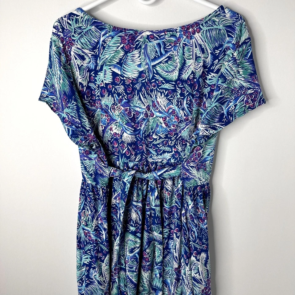 Vestido Midi Arco Iris Jo Maui Estampado Tropical Hawaiano Talla L Azul Púrpura Corbata Cintura Foto 3 de 4