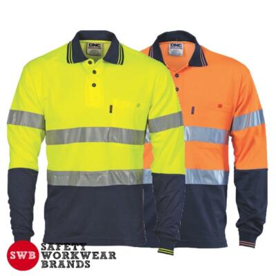 DNC Workwear Mens Hi Vis 2 Tone Cotton Back Polo Shirt Reflective L/S ...