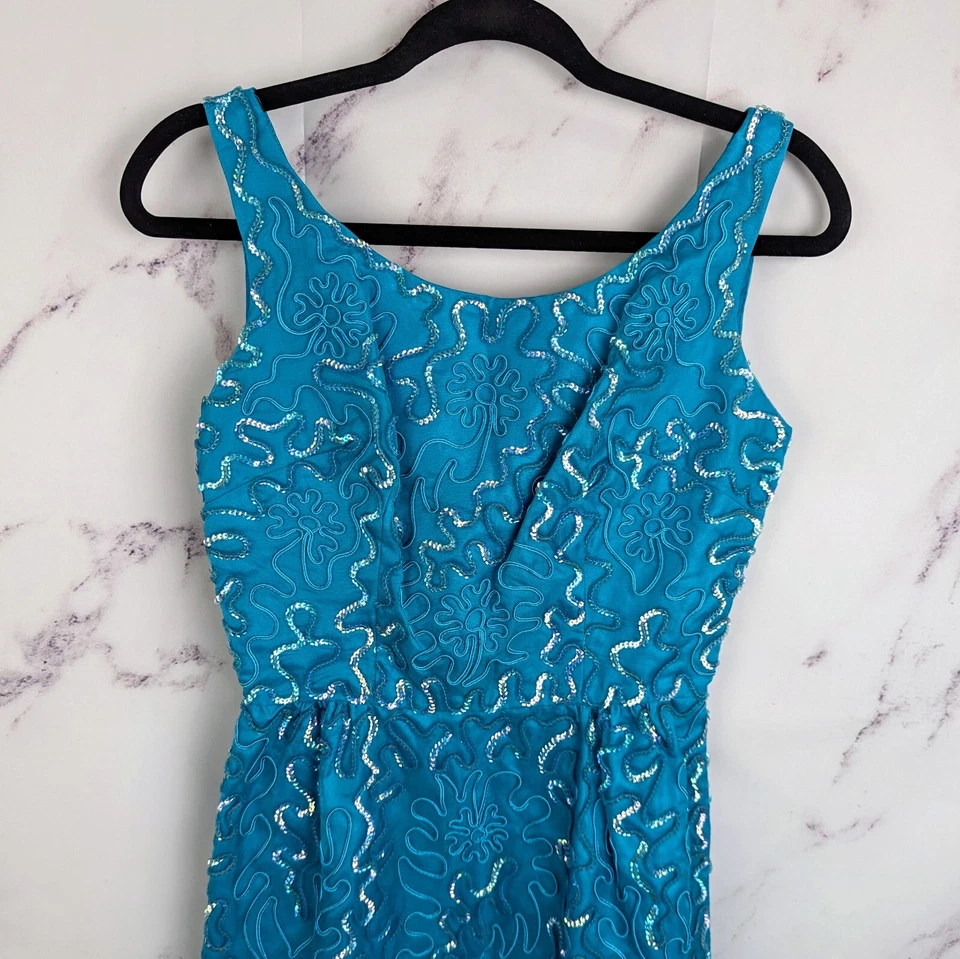 50s Blue Cocktail Sheath Dress Sequin Sleeveless ILGWU Vintage Size XS Jr. Theme - Image 3 of 4