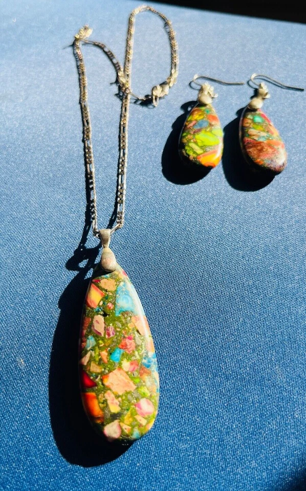 1 пара сережек из океанской яшмы и ожерелье из стерлингового серебра 925 пробы с подвеской - Изображение 3 из 4