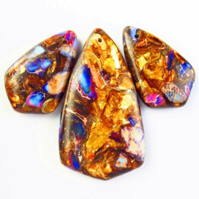 Set Di 3 Pendenti A Goccia In Giadeite Blu E Bornite Rame Oro: Perline Artigianali Cinesi