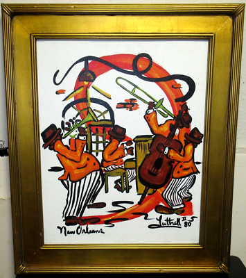油彩画 Ein Gruß aus Deutschland 1982 GEORGE LUTTRELL II NEW ORLEANS AFRICAN AMERICAN JAZZ BAND OIL