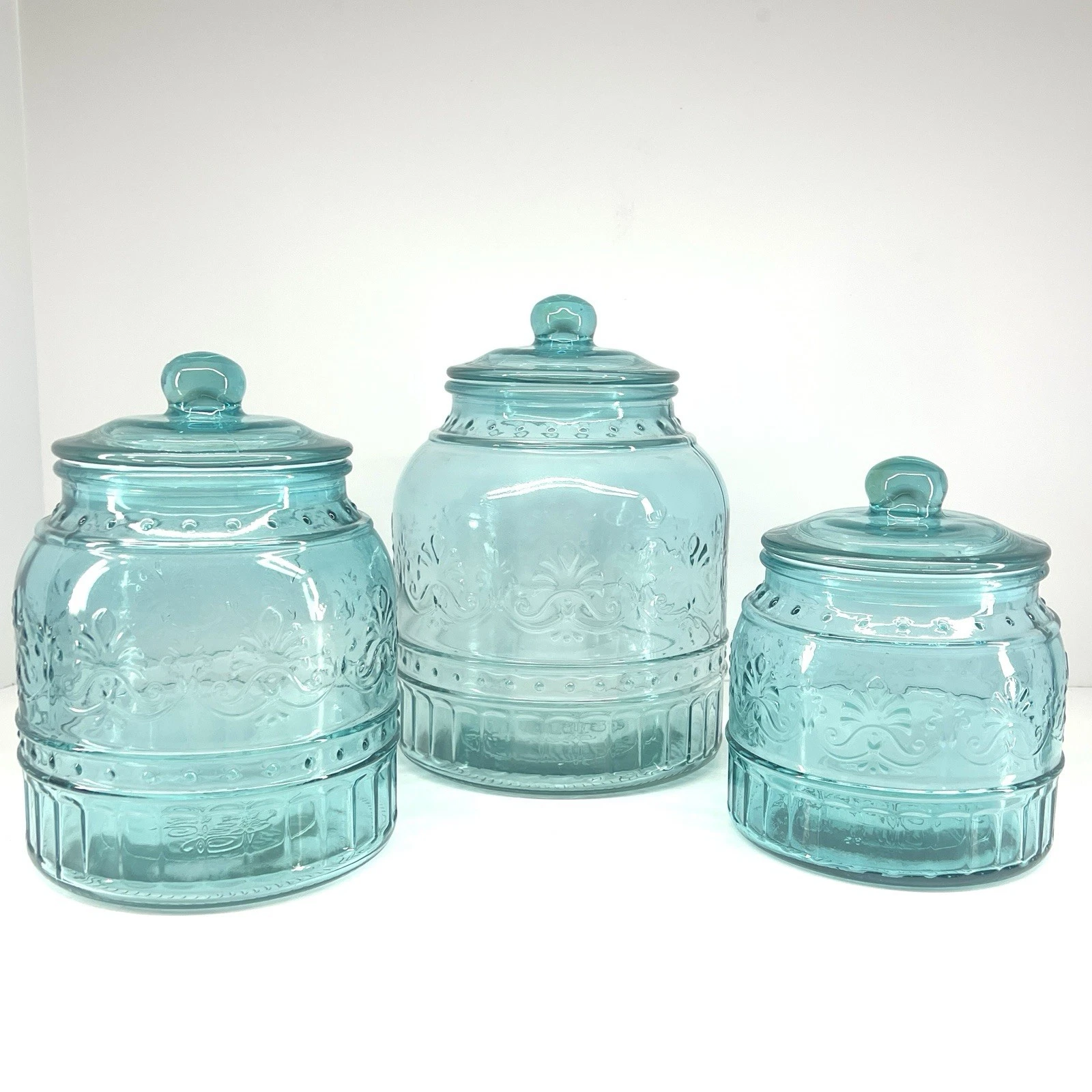 The Pioneer Woman Teal Glass Canister Set Floral Embossed Cassie Design 3 Piece