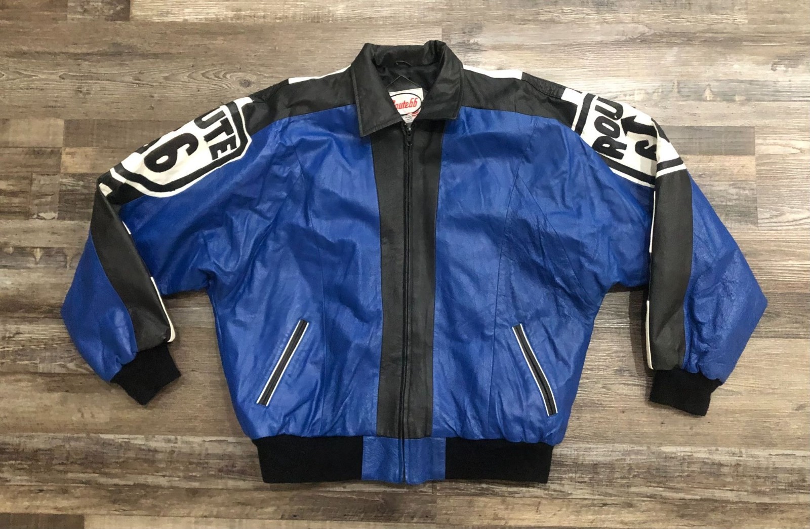 Vintage Route 66 Blue & Black Leather Jacket Mens XL Full Zip RARE