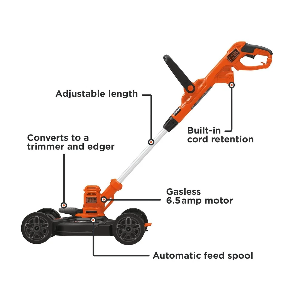 Black Decker 3 in 1 Electric Lawn Mower Trimmer Edger 12 Inch Lightweight Orange - Image 3 of 4